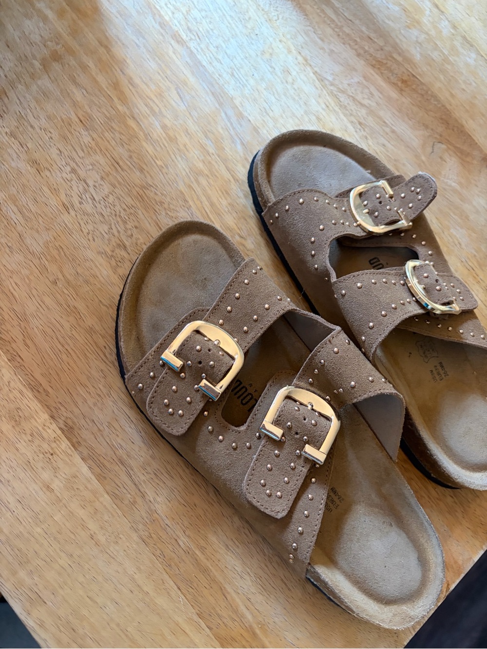 Women's Double-Buckle Studded Suede Slide Sandals in Brown
